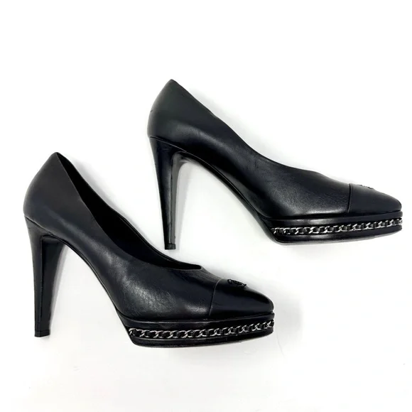 CHANEL Cap Toe Interlocking CC Chain-Trim Platform Pumps - Black Leather size 40 - Picture 4 of 16
